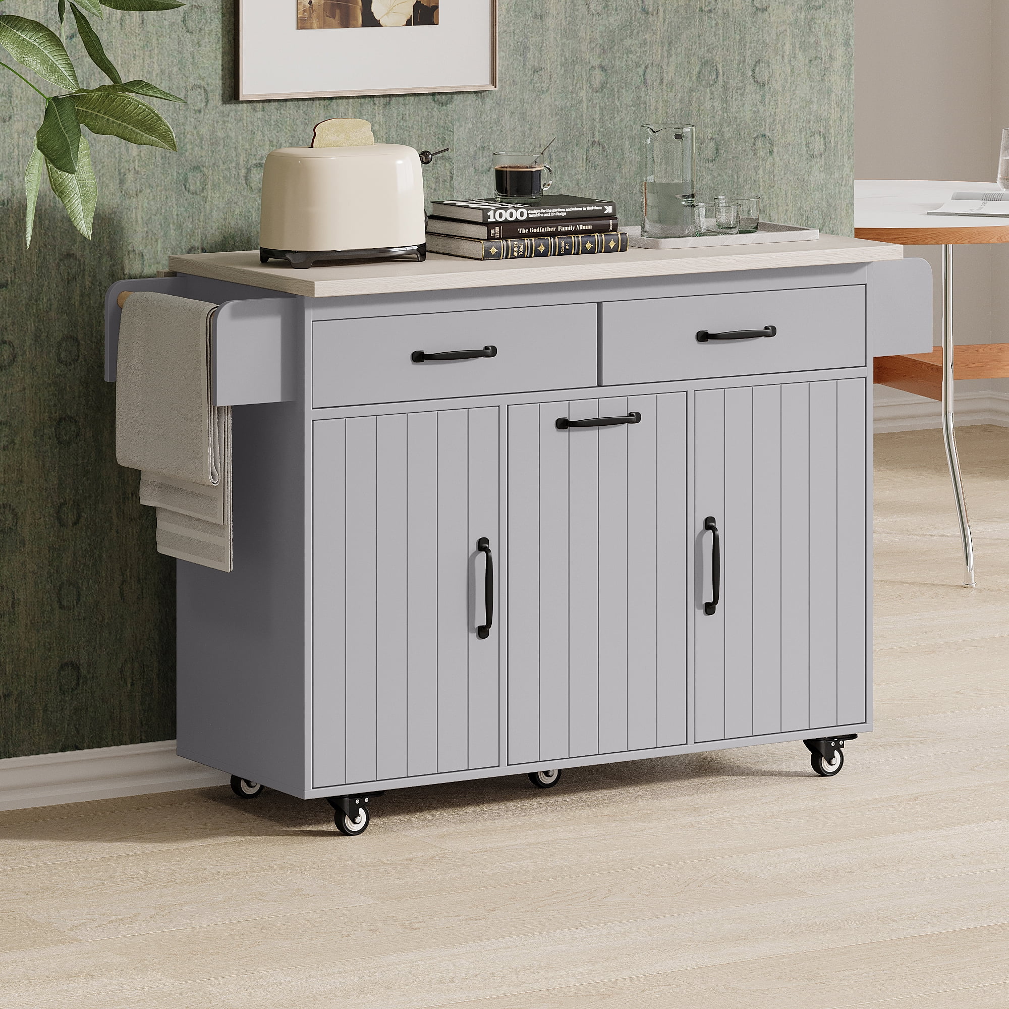 Euroco Kitchen Island Cart with Drop Leaf, Tilt-Out Trash Cabinet, Drawers and Shelves, Mobile and Stationary Options, 51” Wide