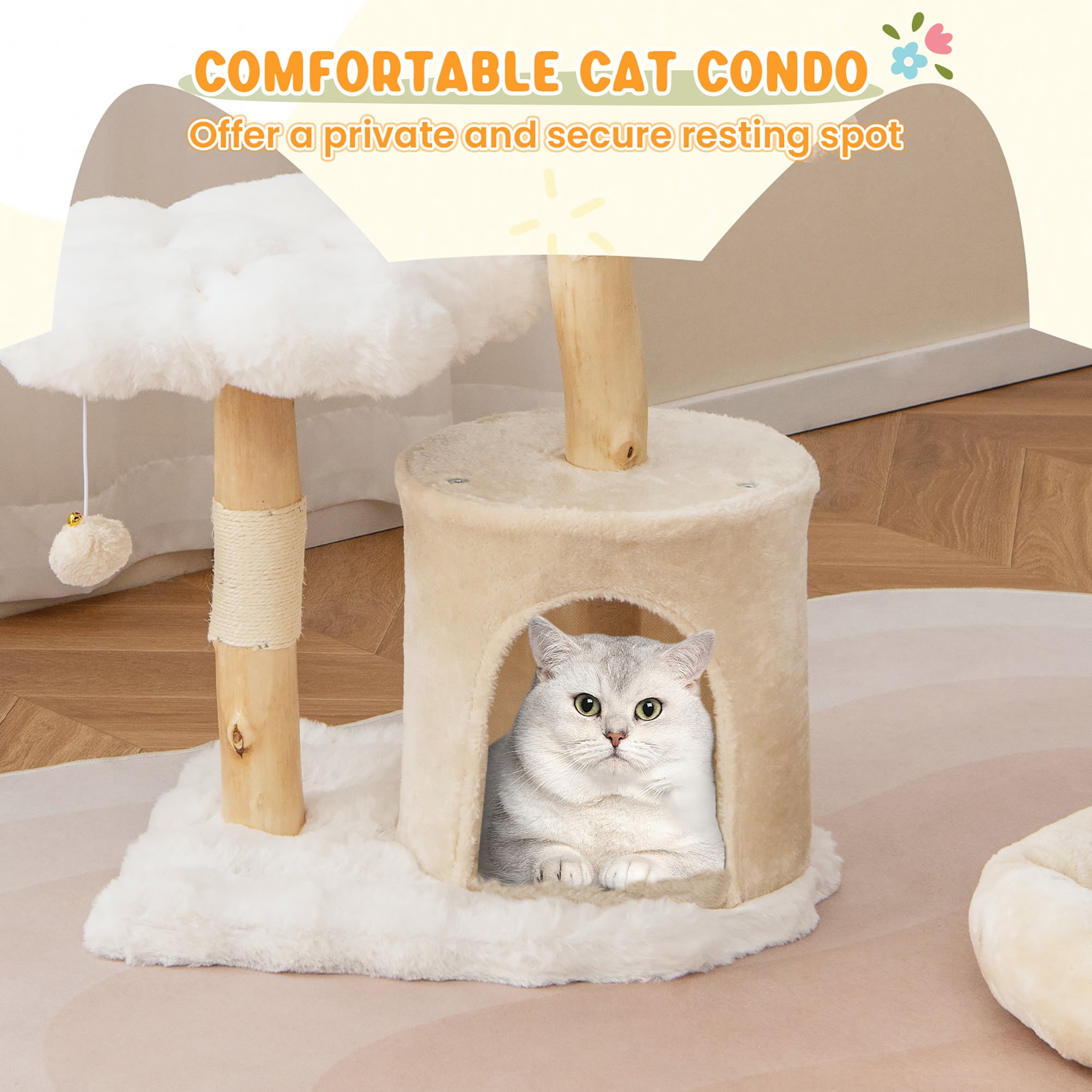 Gymax Cute Solid Wood Cat Tree Natural Branch Modern Flower Cat Tower w/Soft Long