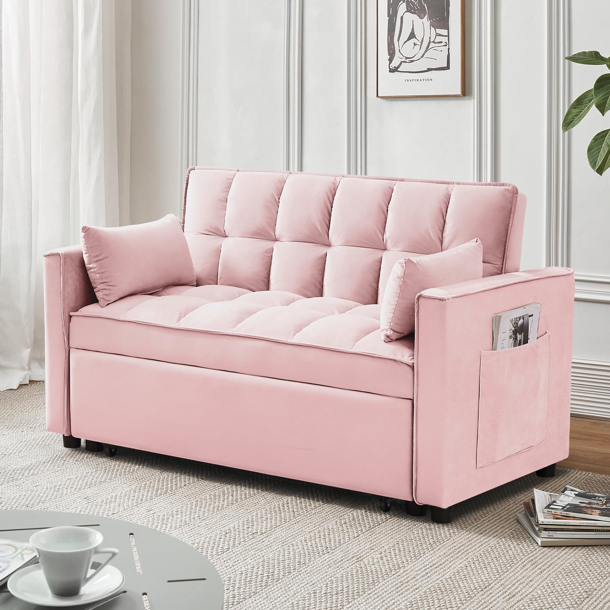 DEALTOPS Convertible Loveseat 55" 3-in-1 Multi-Functional Pull-Out Bed, Pink Velvet