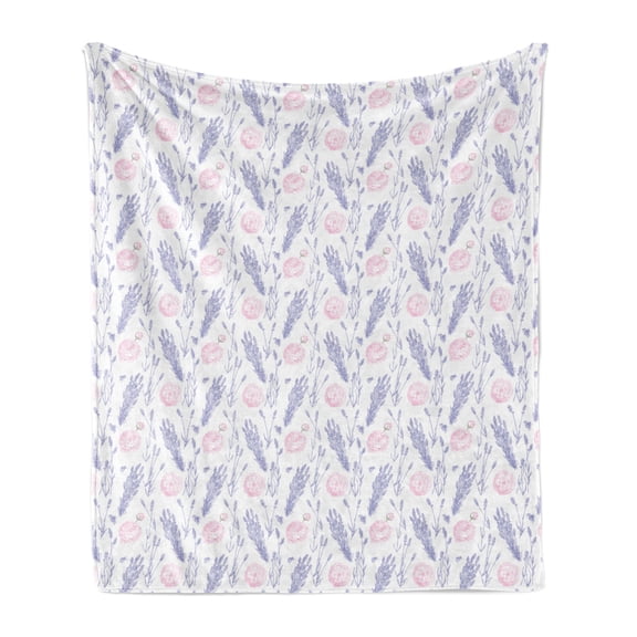 Vintage Rose Soft Flannel Fleece Throw Blanket, Repeating Rosebuds and Lavenders Pattern on Plain Background, Cozy Plush for Indoor and Outdoor Use, 70" x 90", Pale Pink Pale Ceil Blue, by Ambesonne