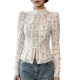 thumbnail image 2 of Women's Fashion Elegant Commute Stand Collar Blouse, Lace Crochet Detail with Chinese Frog Button Closure, for Office Work or Daily Casual Outfits in Spring White, 2 of 6