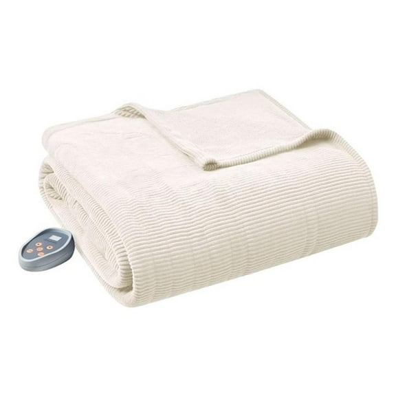 Pemberly Row Contemporary Electric Micro Fleece Heated Blanket in Ivory