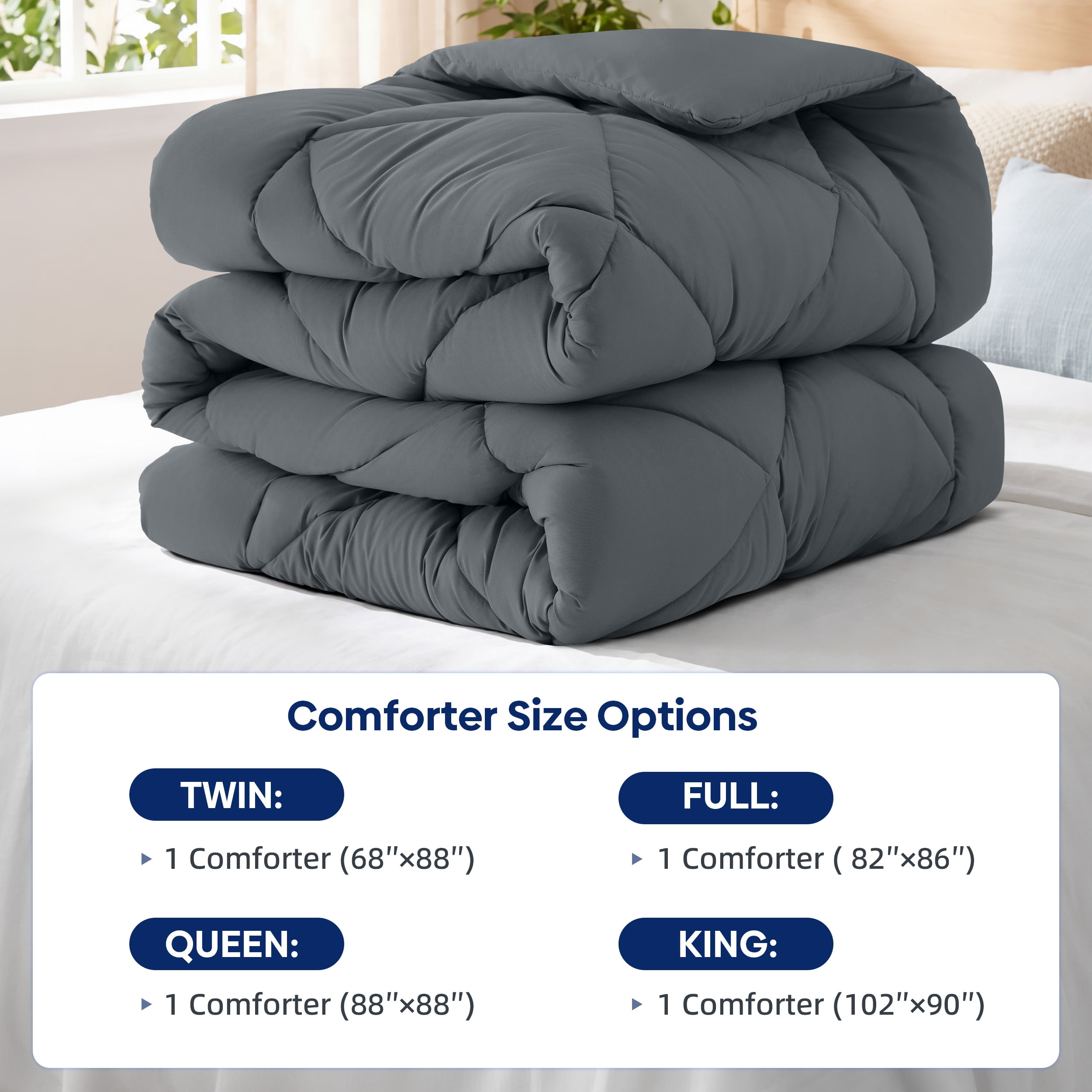 WISHEAD Comforter Queen Size All Season Soft Quilted Down Alternative Bedding Duvet Insert with Corner Tabs, Machine Washable, Dark Grey