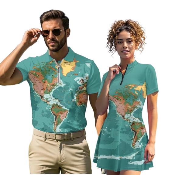 Uorisanigo World Map Couple Matching Outfit Mens Golf Shirts Size S Quick Dry Short Sleeve Shirts for Work Athletic and Womens Golf Dress with Shorts Zip Front Workout Tennis Dress