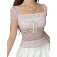 thumbnail image 4 of Womens Fairy Grunge Aesthetic Crop Top Short Sleeve Square Neck Vintage Shirt Graphic Print Lace Summer Tee(B Pink,S), 4 of 9