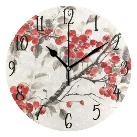 WOBOGO Malus Spectabilis Wall Clock 10in Silent Mechanism Battery Operated Retro Style for Living Room Bedroom and Kitchen Black Pointer