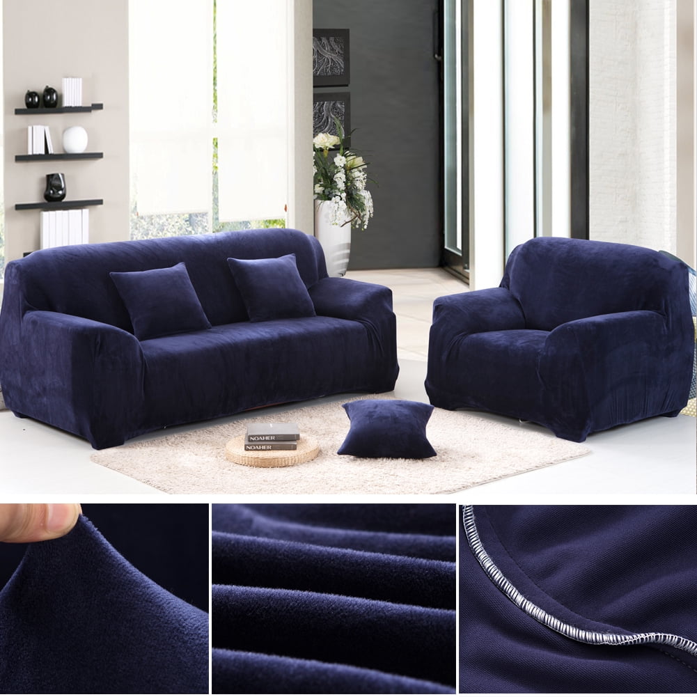 CJC Plush Sofa Covers Stretch Solid Thick Slipcover for 1-Seater Velvet Easy Fit Non-Slip Furniture, Navy Blue