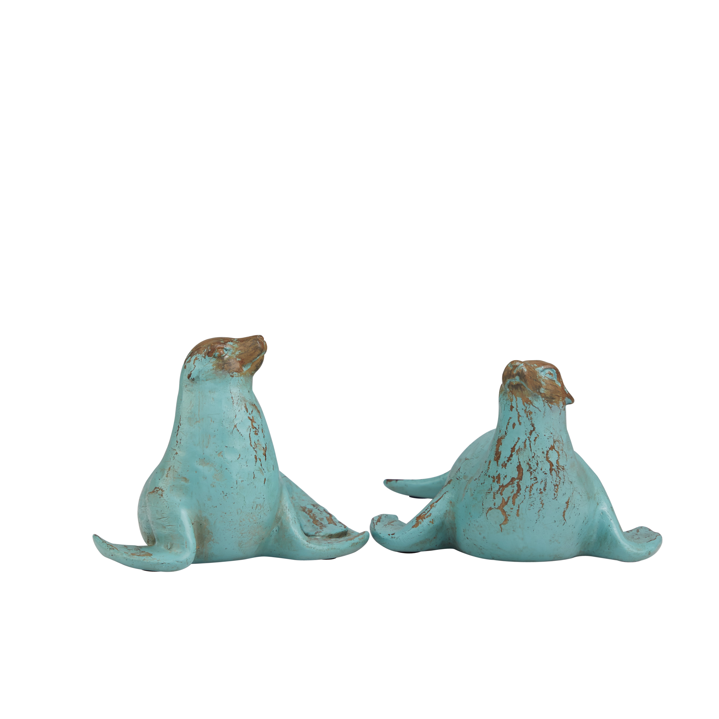 13", 7"W Teal Polystone Distressed Sea Lion Sculpture with Brown Wood Inspired Accents, by DecMode (2 Count)