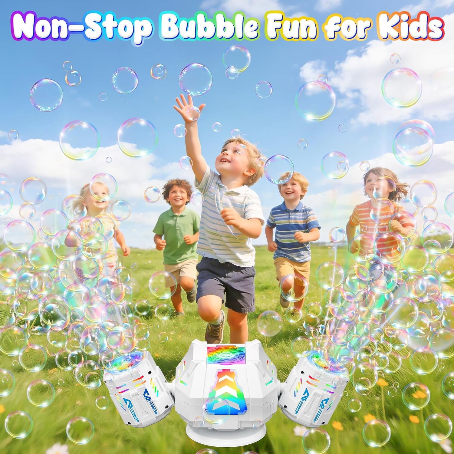 Bubble Machine, Rechargeable Bubble Maker with 360 ° Automatic Rotation & 9 LED Light, 30000+ Bubbles Blower Machine, Birthday Parties, Wedding, Indoor, Outdoor Activities