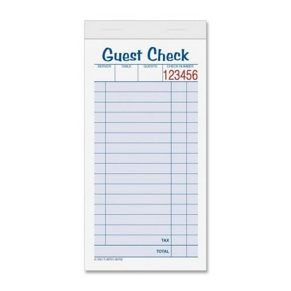TOPS 2-part Carbonless Guest Check Books 2 Part - 3 3/8" x 5 1/2" Sheet Size - Blue, Green, Red Print Color - 10 / Pack