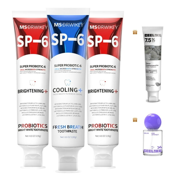 MSDRWIKEY SP-6 Whitening Toothpaste (2-Pack) & Cooling Fresh Breath Toothpaste (1-Pack) Bundle | 6 Probiotic Strains, Fluoride-Free, Enamel Safe | Includes Oral Spray & Hydroxyapatite Toothpaste