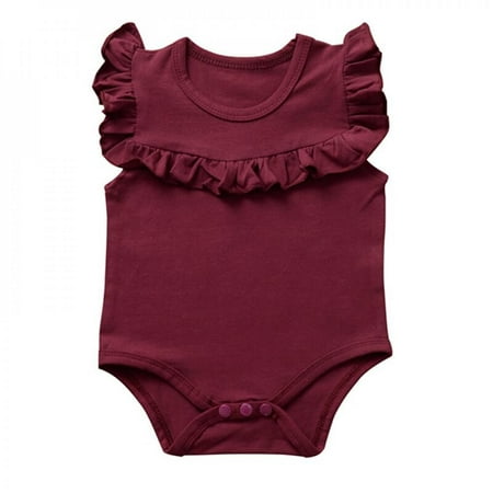

Summer Infants Baby Girl Jumpsuit Clothes Ruffles Sleeveless Cotton Romper Kids Solid Toddler Playsuit One-piece Outfit Wine Red 100