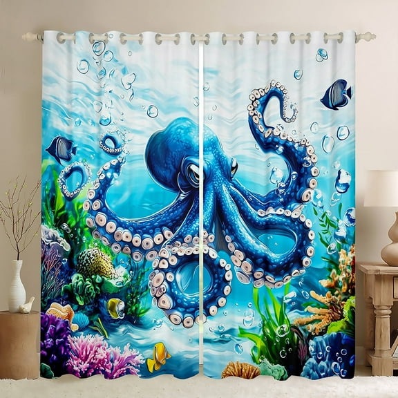 Erosebridal Blue Octopus Curtains for Living Room,Underwater World 30%-50% Blackout Curtains Set of 2 (38x45),Curtains Pack of 2 (38x45),Teen Bedroom Decor