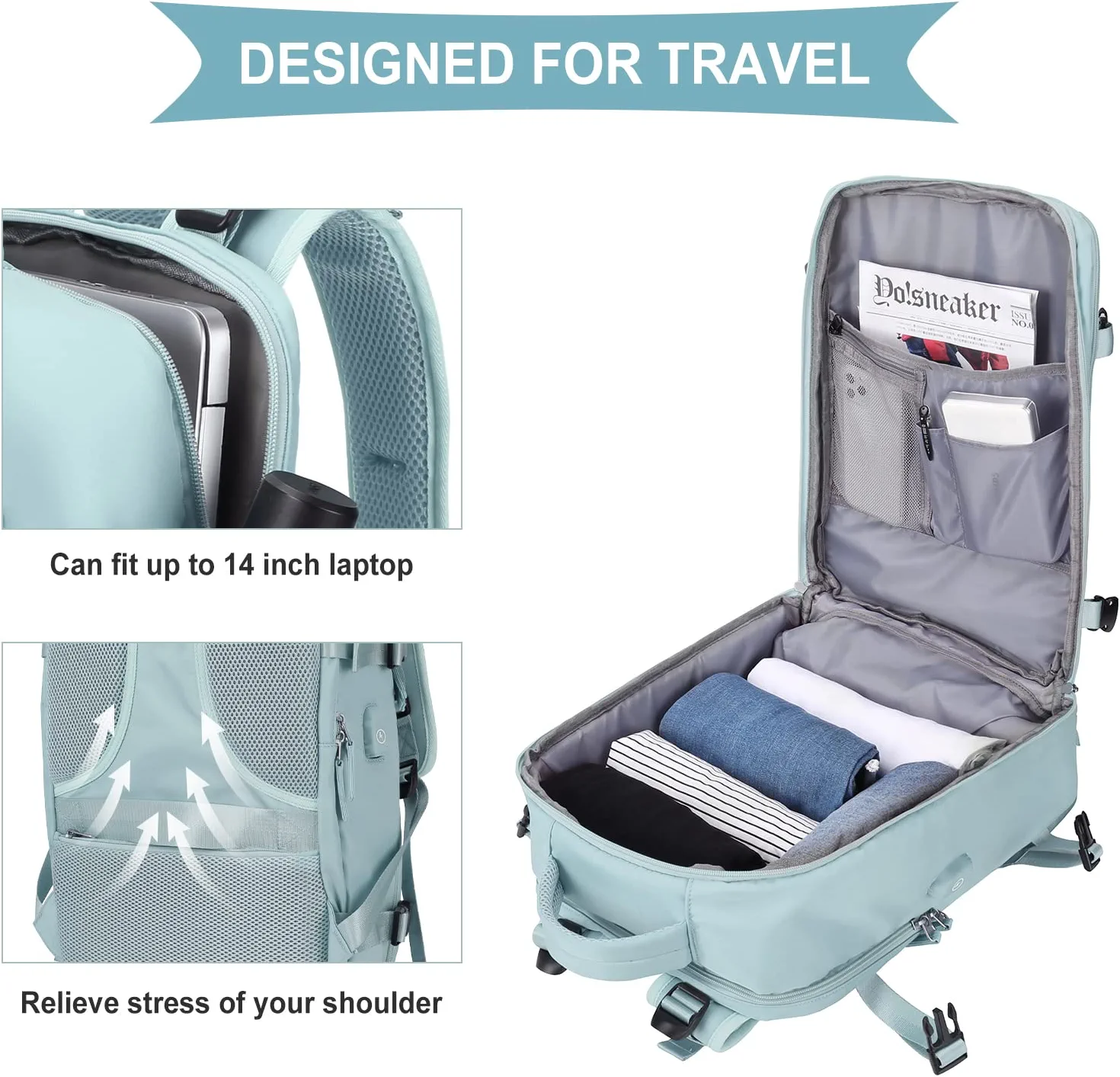 Large Backpack Women, Men Carry On Backpack,Hiking Backpack Waterproof Outdoor Sports Casual Daypack with Shoe Compartment ,Large Capacity Student School Bag Light Blue
