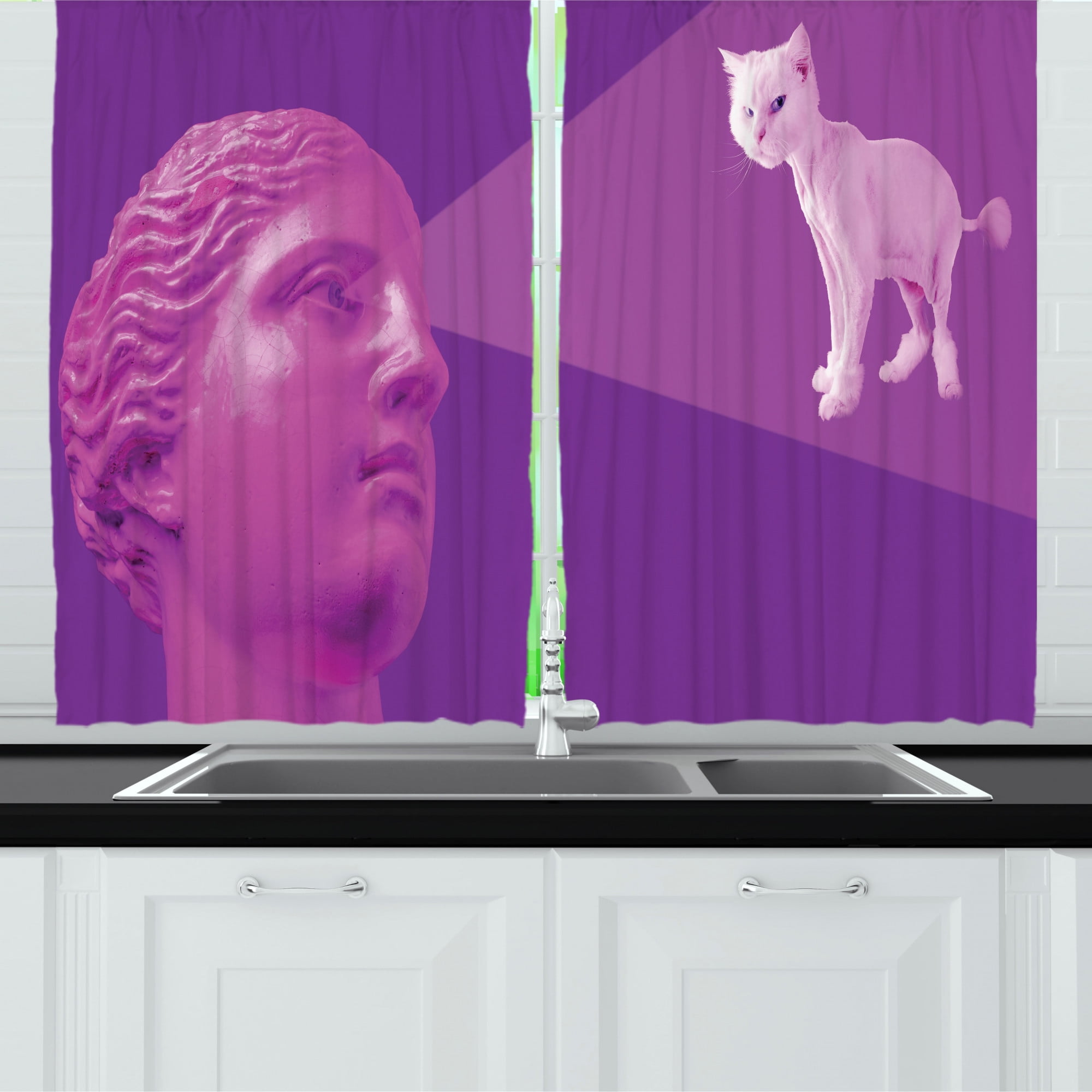 Psychedelic Cat Kitchen Curtains, Vaporwave Greek Statue with Plump