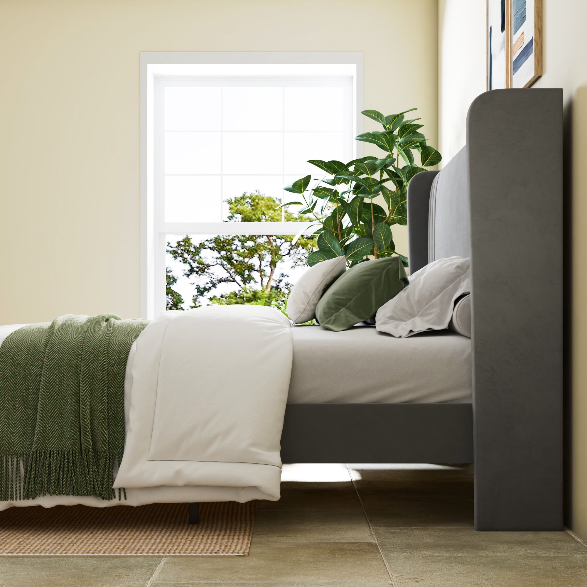 Allewie Full Size Velvet Platform Bed Frame with Vertical Tufted Wingback Headboard, Easy Assembly, Under Bed Storage, No Box Spring Required, Modern Style, Grey
