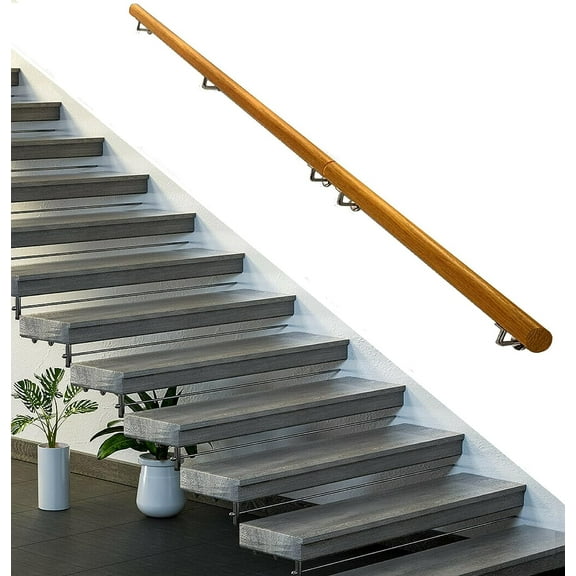 Wall Handrail Grab Bar 3 FT Long 2.0" Diameter Wall Stairs Rail Steps Non Slip for Elderly - Wall Mounted Iron Brackets Wooden Handrail - Easy Install Outdoor Indoor Stairs Porch Deck Stairway Silver