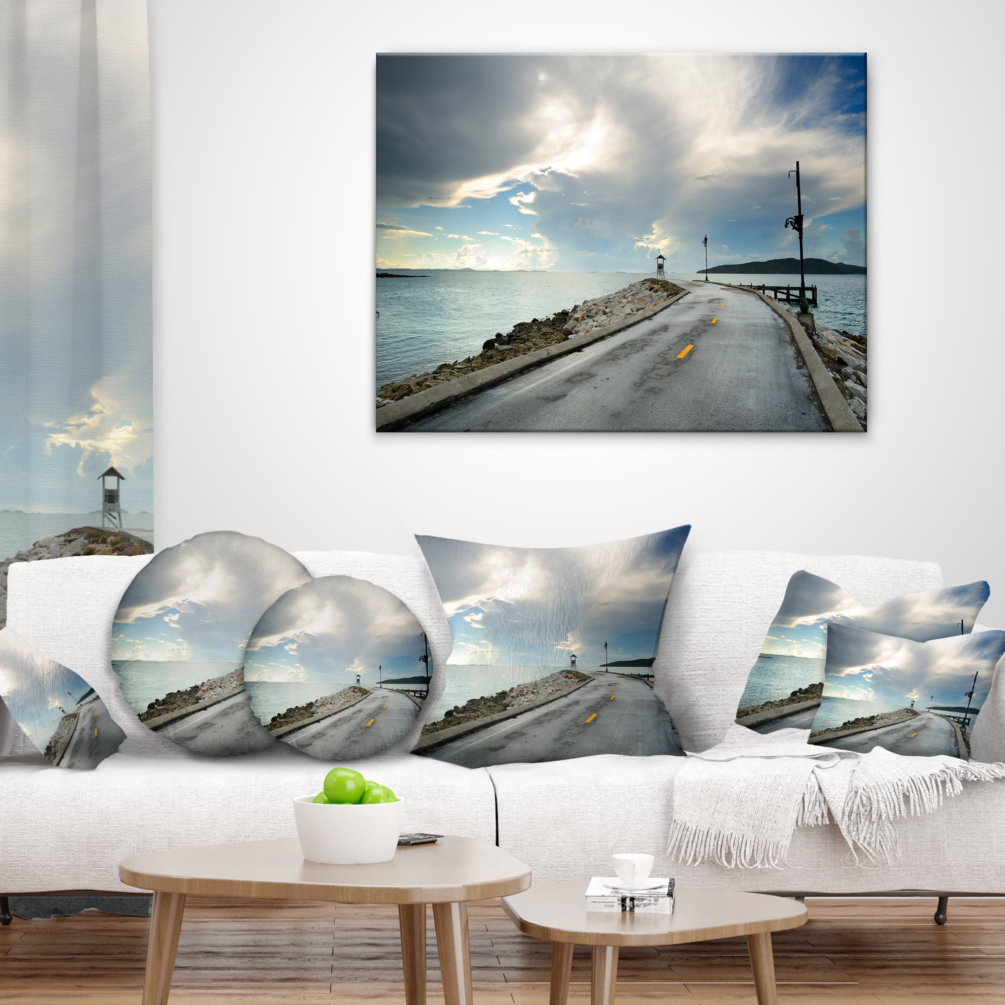 Designart Vintage Pathway into the Ocean - Sea Bridge Throw Pillow - 16x16