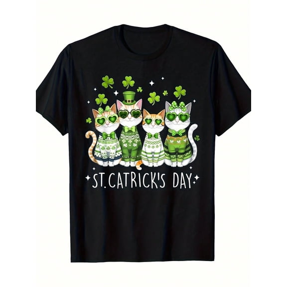 Funny Lucky Cat Clover Graphic T-Shirt for Men Women St. Patrick's Day