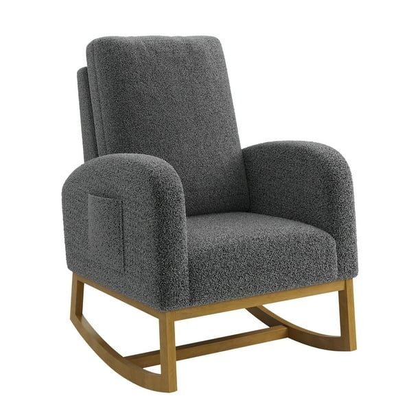 Sillón mecedora ergonómico para salón o cuarto infantil - Tapizado de felpa, respaldo alto, base de madera, bolsillo lateral - Soporta 136kg, ideal para lactancia y relajación - Gris oscuro