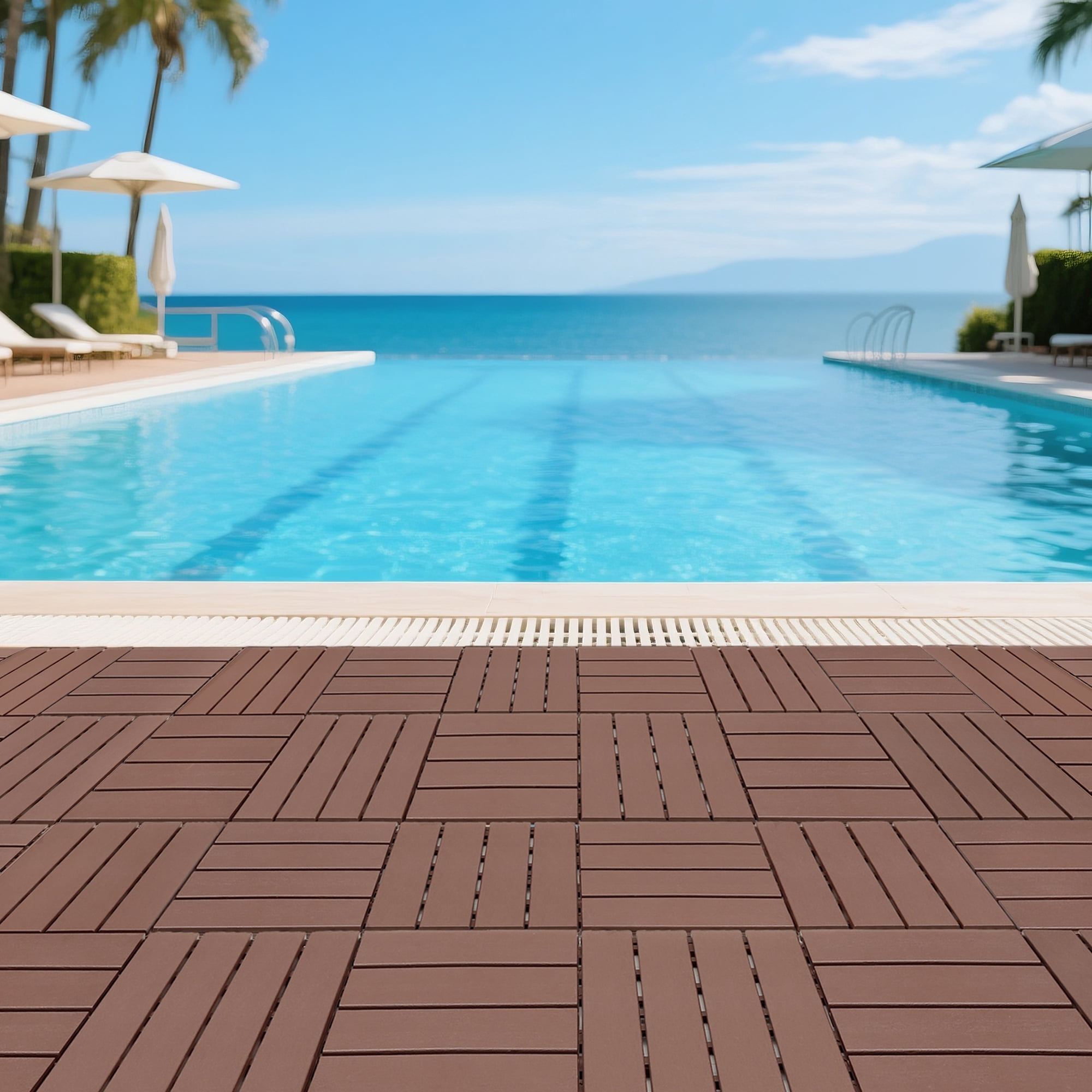 44 PCS Brown Plastic Interlocking Decking Tiles 12"x12" Waterproof All-Weather Floor Tiles for Terrace Backyard Pool Deck Courtyard Balcony Bathroom Indoor Outdoor