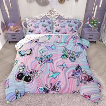 jejeloiu Bohemian Cartoon Butterflies Bedding Comforter Set,Colorful Fulid Art Twin Comforter Sets,Pink Blue Ombre Bedding Set For Girls Teens,Super Cozy Room Decor Reversible,2pcs