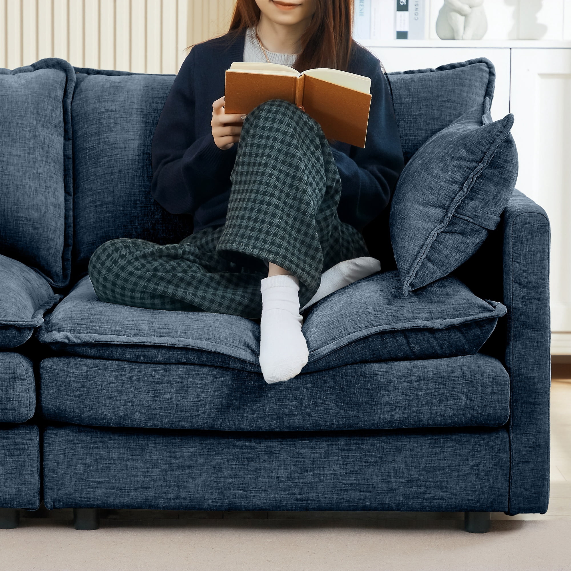 BINBANK Sectional Modular Sofa L Shaped Chenille Fabric Couch with High Supportive & Soft Sponges and Removable Ottoman, Sleeper Comfy Upholstered Furniture for Living Room,3-Seater,Blue
