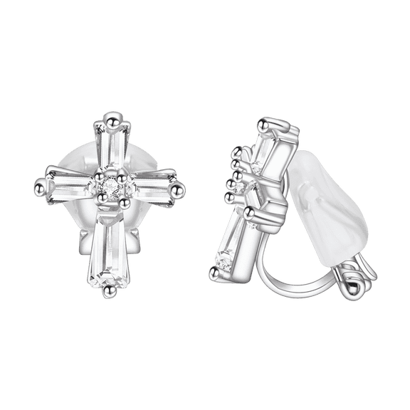 Yoursfs Silver Cross Clip on Earrings for Women 18k Gold Plated Crystal Cross Christian Earrings Ears Clip Hypoallergenic Jewelry