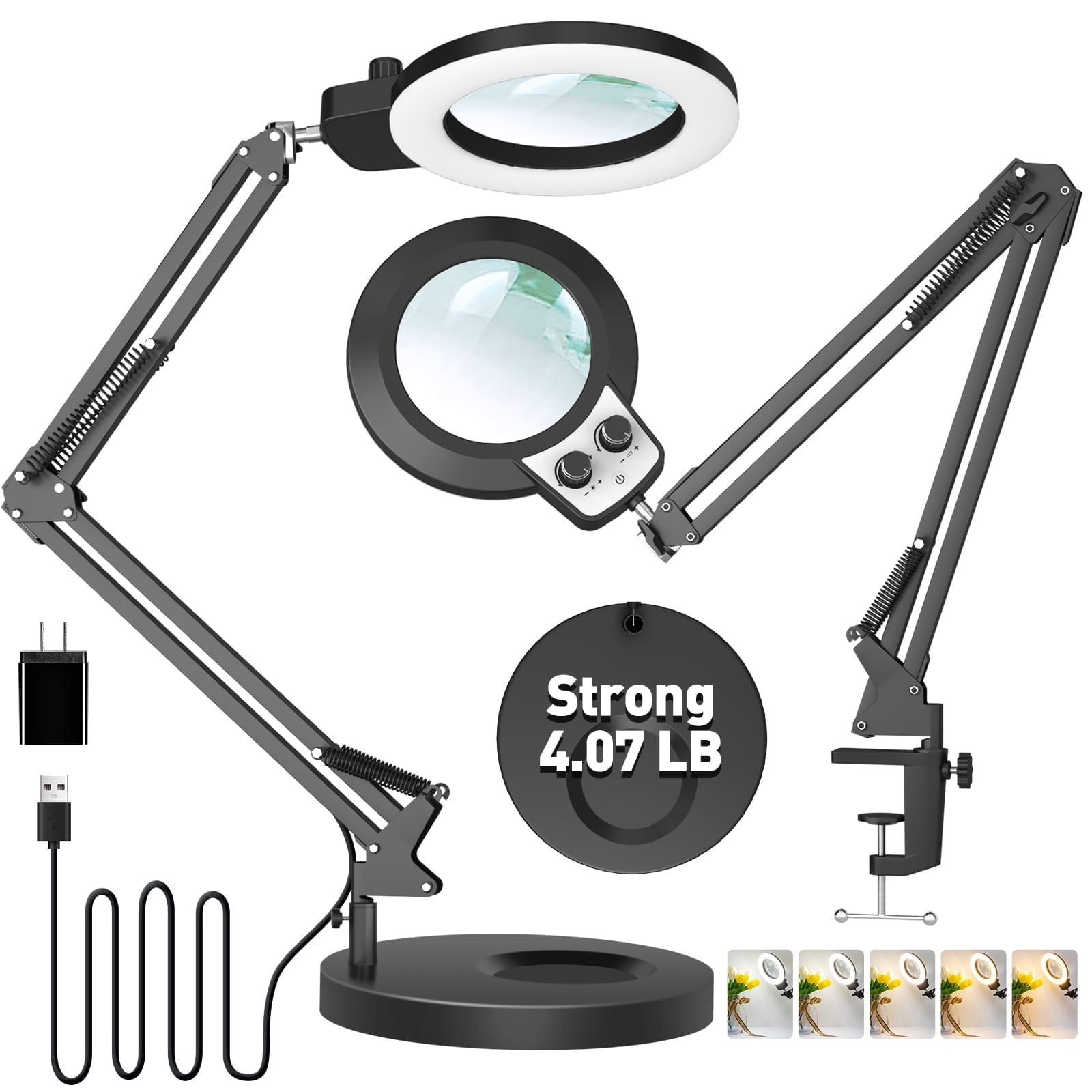 Magnifying Glass with Light and Stand, KIRKAS Upgraded Infinite Color Modes & Brightness LED 2in1 Desk Clamp Magnifying Lamp, Hands Lighted Magnifier Light for Reading Crafts Jewelry Workbench