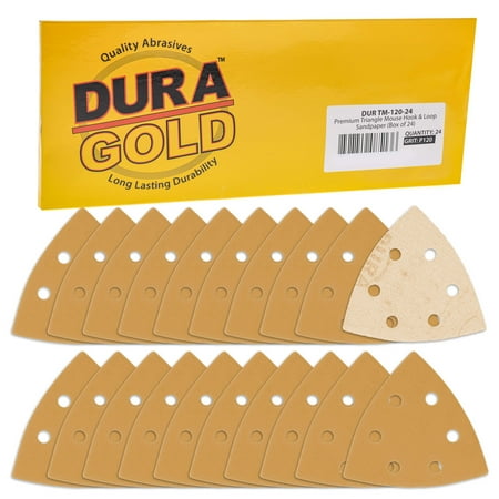 

Dura-Gold Premium Triangle Mouse Sanding Sheets - 120 Grit (Box of 24) - 6 Hole Pattern Hook & Loop Triangular Shaped Mouse Sander Discs - Aluminum Oxide Abrasive Sandpaper - Woodworking Crafting