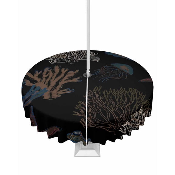 Fsddascl Black Coral Coastal Outdoor Tablecloth - 54 Inch Round Dining Table Cover, Nautical Starfish Summer Beach Waterproof Outdoor Table Cloth with Umbrella Hole & Zipper for Picnic/Patio/Party