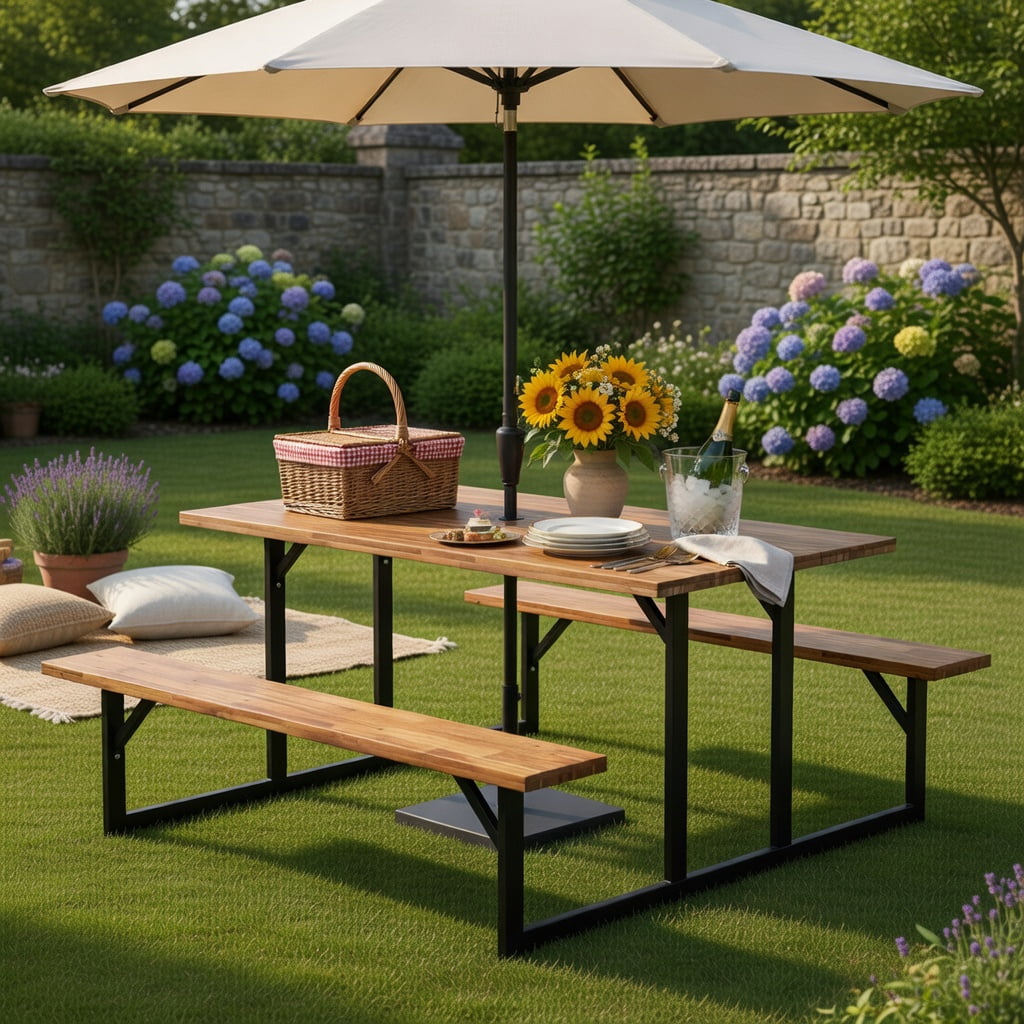 Hommoo 6-Person Acacia Wood Outdoor Picnic Table Set with Built-In Benches, Heavy-Duty Metal Frame, Umbrella Hole, Deck & Patio Ready, Brown & Black