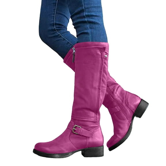 Womens Red Vintage Leather Knee High Boots Ladies Block Low Heel Knee Length Wide Calf Riding Booties