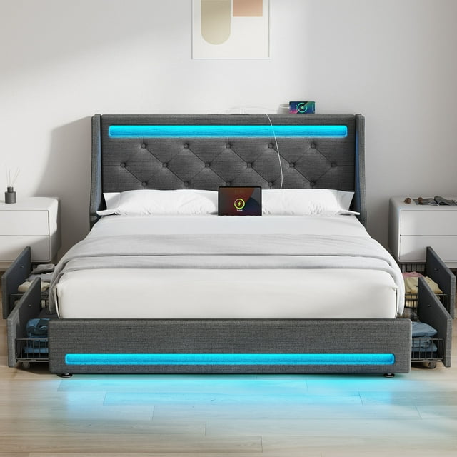 Greenstell Lit Plateforme de Rangement à Recharge Intelligente - Capacité de 900 Lb, Sans Bruit, Grand Lit Double, Gris Foncé