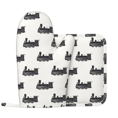 

Oven Mitts and Pot Holders Sets funny Train Pattern Non-Slip Silicone Oven Gloves Potholders Cotton Lining Heat Resistant Gloves Hot Pads for Kitchen Cooking Baking