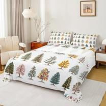 Manfei Rustic Tree Queen Sheet Sets for Kids, Cartoon Farmhouse Floral Flat Sheet, Merry Christmas Theme Queen Fitted Sheet, Luxury Bedroom Decor, 4 Pieces