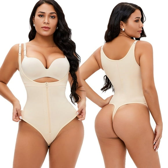 Women Latex Waist Trainer Bodysuit Slim Zipper and Hook Shapewear Open Bust Corset Tummy Control Compression Underwear Thong