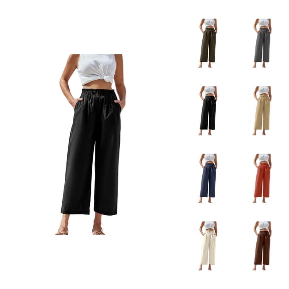 Palazzo Pants for Women 2026 Casual Cotton Linen Elastic High Waist Wide Straight Leg Flowy Cropped Pants with Pockets