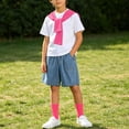 thumbnail image 3 of Boys 4 Pieces Back To School Outfit Round Neck Solid Short Sleeve Tee and Pockets Denim Shorts and Shawl and Knee High Socks Performance Outfits Casual Clothes Set 3-16 Years, 3 of 9