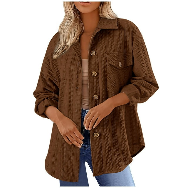 Htigea Women's Shacket Cardigans Collared Long Sleeve Button Down Coats Solid Color Boyfriend Pocket Shirts Jackets Coffee,XL
