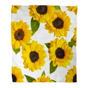 ASHLEIGH Throw Blanket 58x80 Inches Above with Photos of Shiny Yellow Sunflowers with Green Leaves on White Autumn Bio Warm Flannel Soft Blanket for Couch Sofa Bed