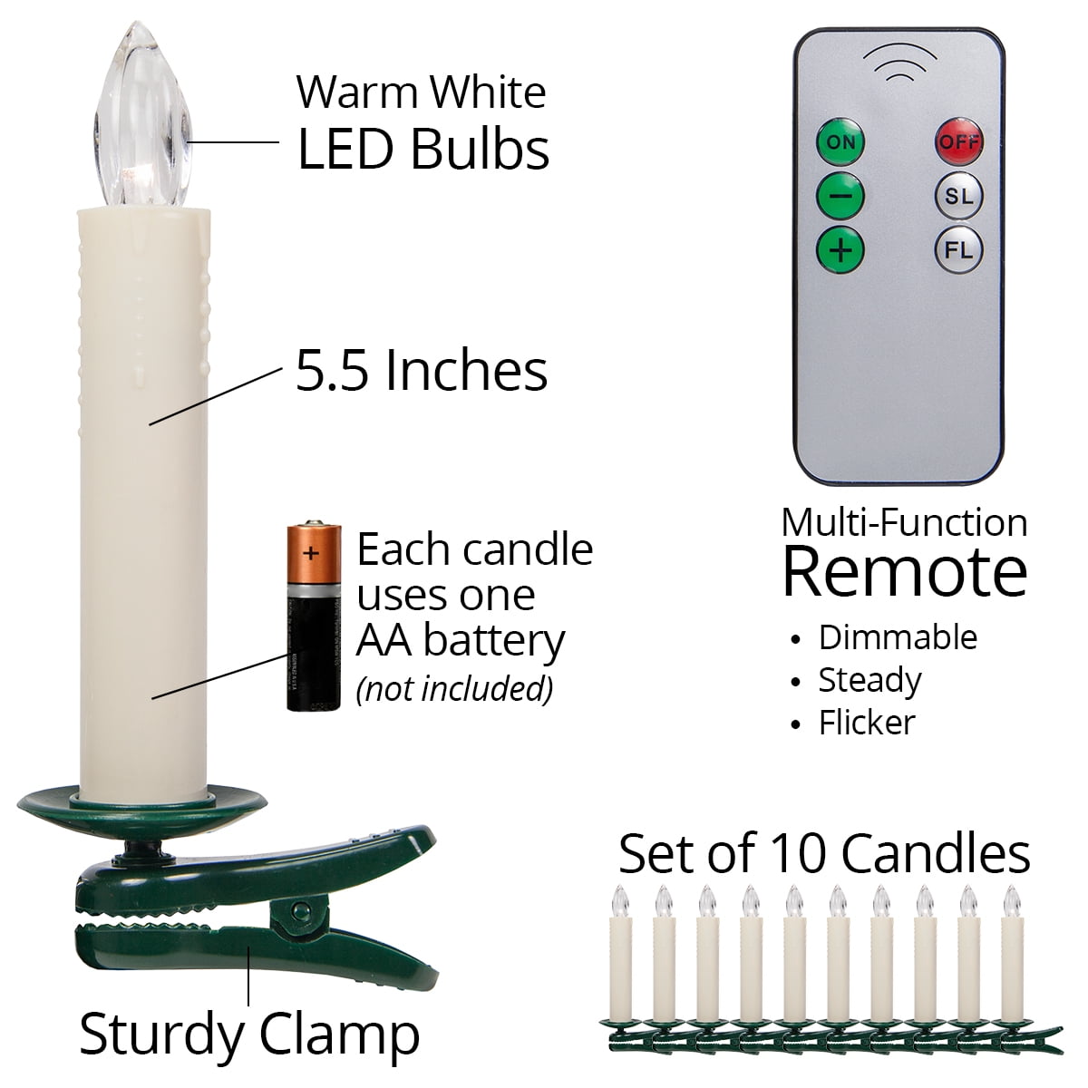 Flameless Electric LED Clip-on Christmas Tree Candles, Battery Operated, Remote Control, 5.5”, Set of 10