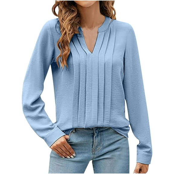 ShomPort Women's Solid Color Basics Pullover T-Shirt Long Sleeve Casual Blouses Pleated V-Neck Tops Summer