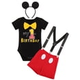 thumbnail image 2 of IBTOM CASTLE Toddler Baby Boys Mouse Cosplay Bowtie Romper + Suspenders + PP Pants + Mouse Headband 1st Birthday Outfit Halloween Cake Smash Tuxedo Clothes 12-18 Months Black - My 1st Birthday, 2 of 8
