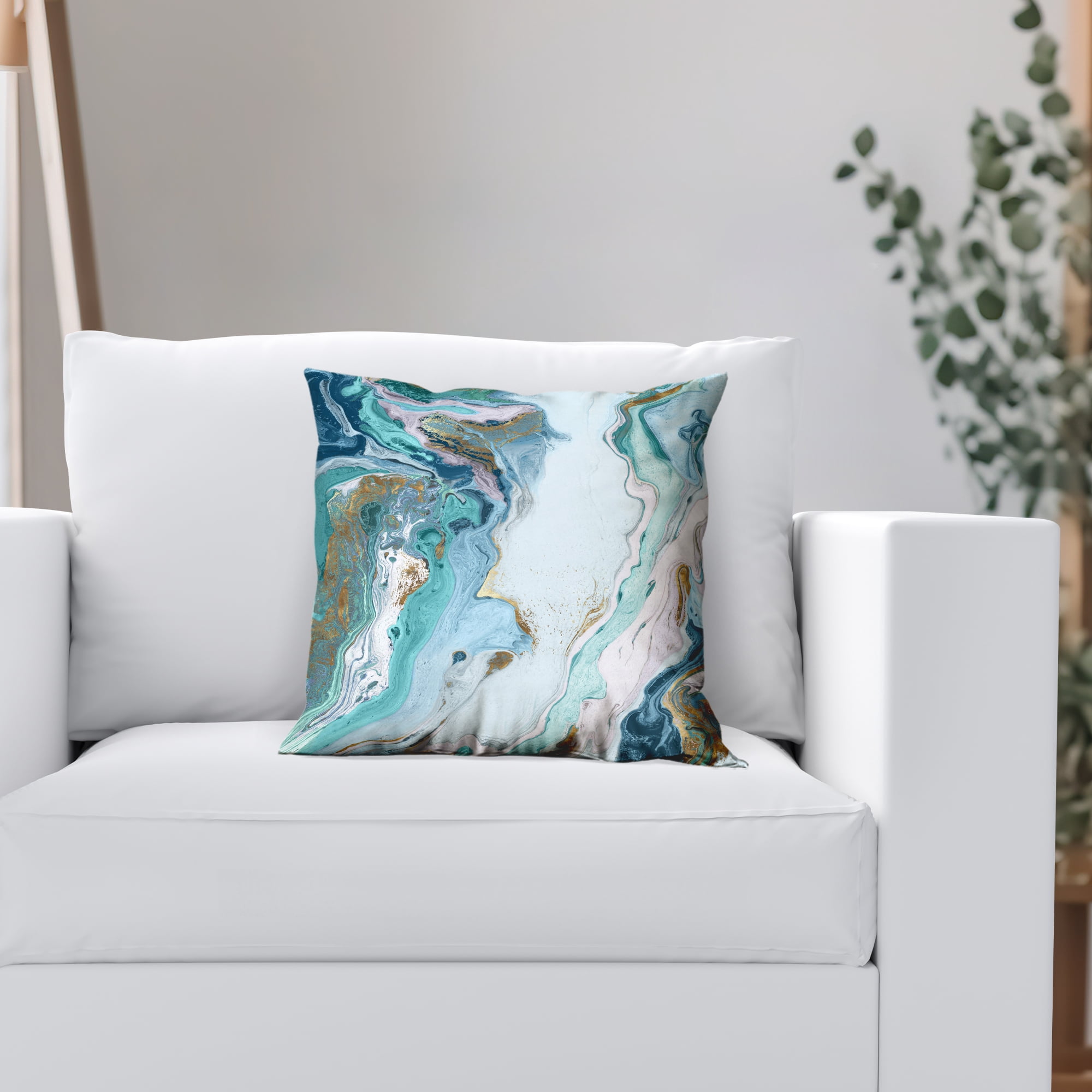 Americanflat 14"x14" Abstract Marble Design Throw Pillow with Premium Polyester - White and Blue