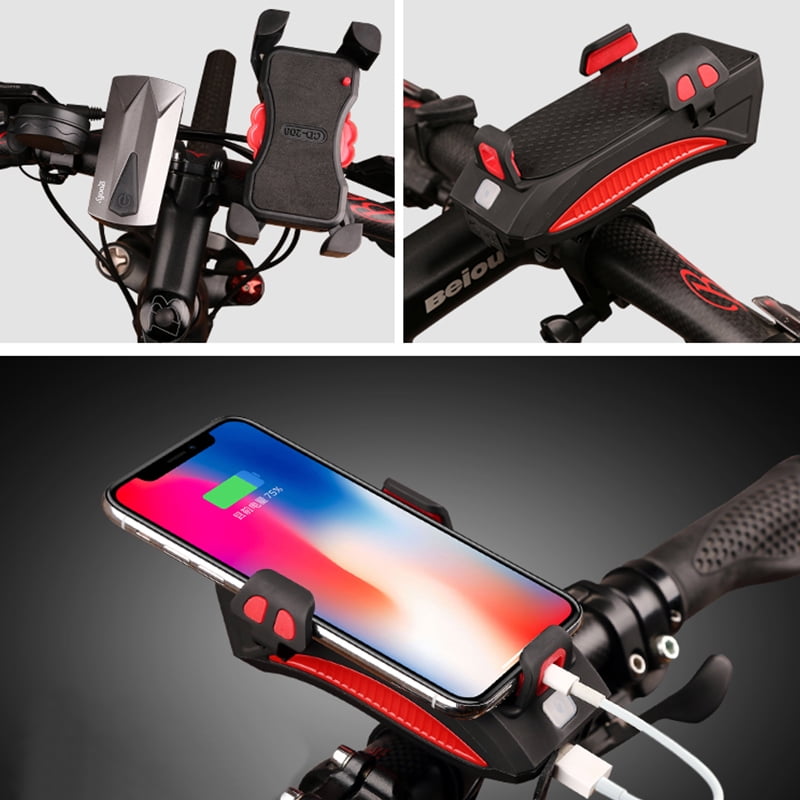 USB Rechargeable LED Bicycle Headlight Cycling Bike Horn Handlebar Phone Holder
