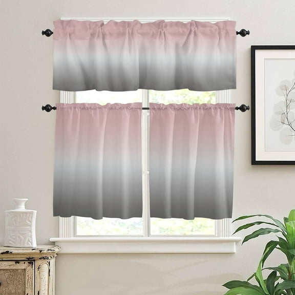 Pink and Grey Kitchen Curtain Valance and Tiers Set Ombre Pink Gray Rod Pocket Kitchen Tier & Valance Set 3 Piece Gradient Gradual Color Window Curtain Valance Tier Set 54 in x 24 in