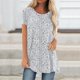 thumbnail image 2 of Camiseta de Cuello Redondo de Manga Corta de Raglan Impresa Casual para Mujeres con Espalda Corta Delantera Larga, 2 of 5
