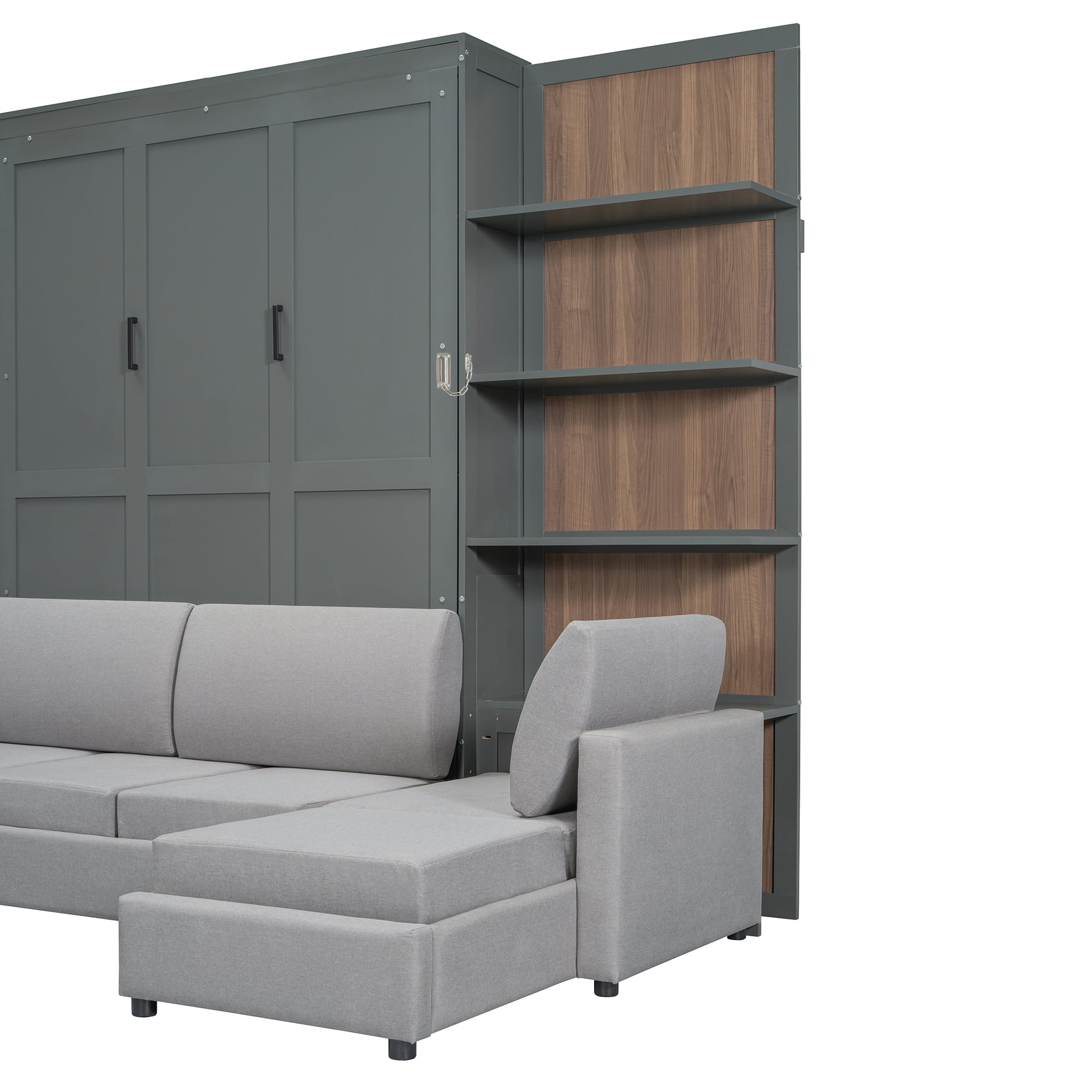 Queen Size Murphy Bed with L Shape Sofa and Open Shelves,Space-Saving for Small Space, Guest Room