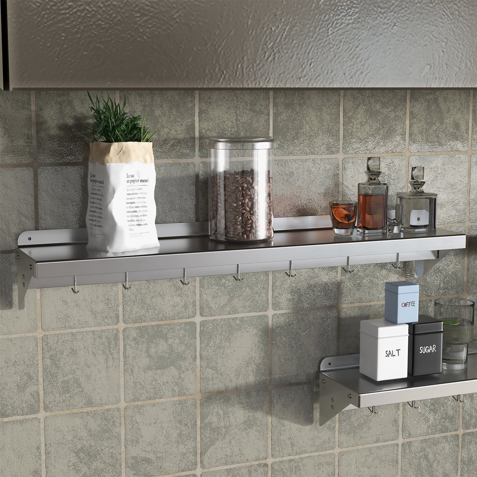 48" Stainless Steel Wall Shelf with Hooks, NSF Kitchen Storage Rack with Backsplash, Heavy-Duty Metal Organizer for Home & Commercial Kitchens